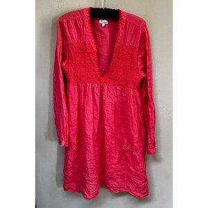 Dewa Women's Smocked Waist Deep V-Neck Long Sleeve Linen Dress Orange Medium